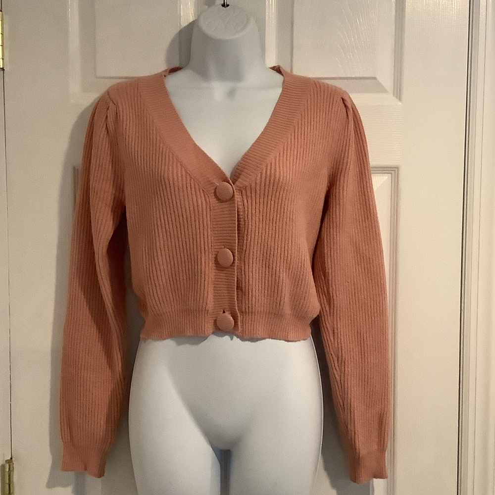 NWOT LULU’S Pink Puff Sleeve Ribbed Capsule Cropped Cute Fall Cardigan Sweater M